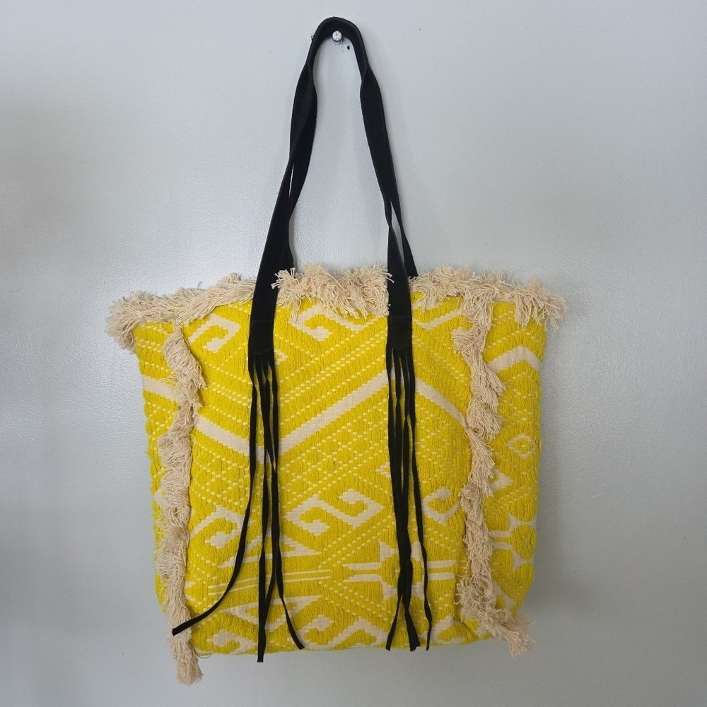 Raj Anthropology Yellow Black Fringe Embrodiered Leather Shoulder Bag Tote Purse